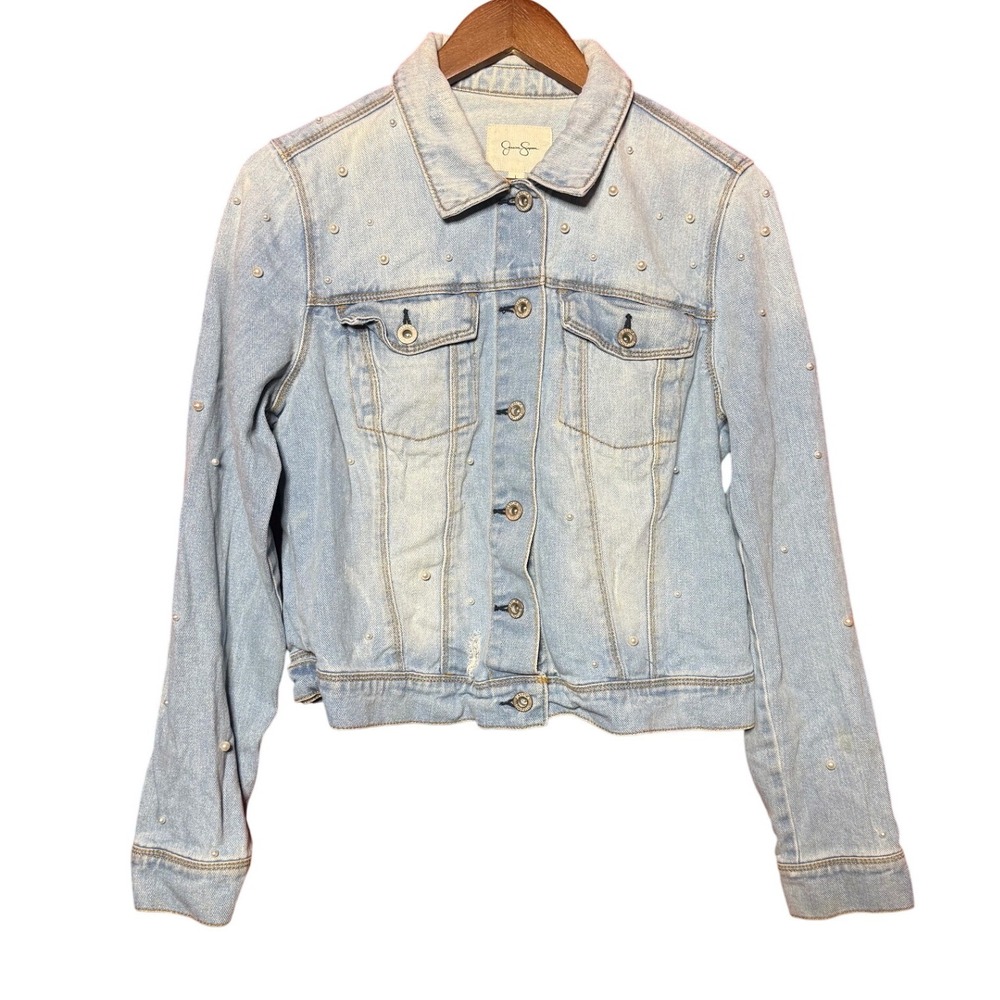 Jessica Simpson Women Large Pearl Embellished Distressed Denim Jacket Light Wash
